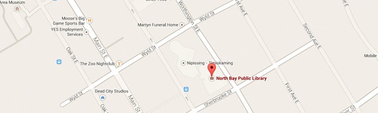 Map showing the location of the North Bay Public Library in North Bay on the corner of Sherbrooke St and Worthington St E