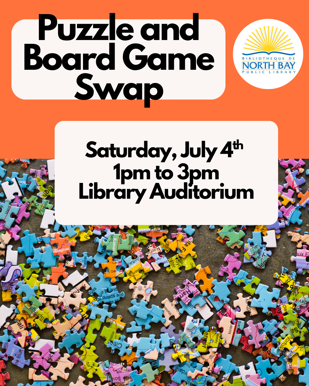 Puzzle & board game swap July 4, 1-3PM in the auditorium