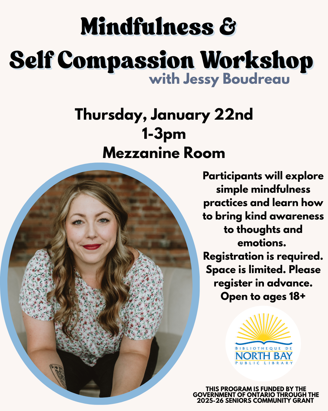 Mindfulness and self compassion workshop Jan. 22 1-3PM in the Mezzanine Room
